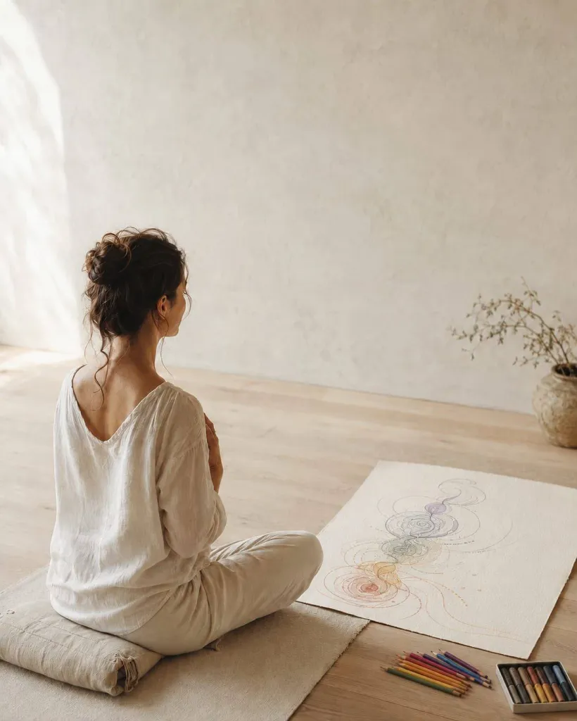 Vrouw mediteert met chakra tekening